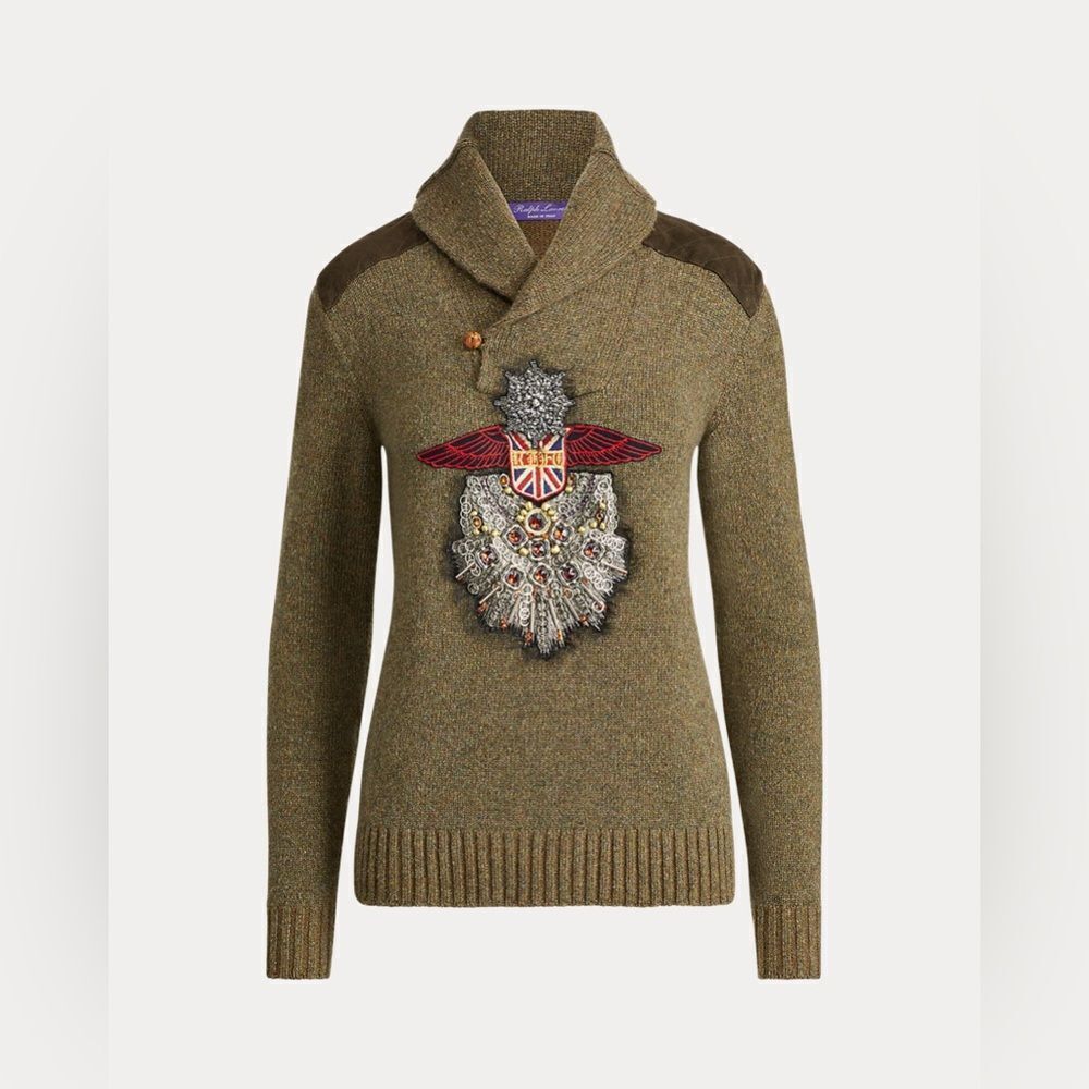 Ralph Lauren Collection Anniversary Olive Cashmere Shawl Collar Shield Sweater